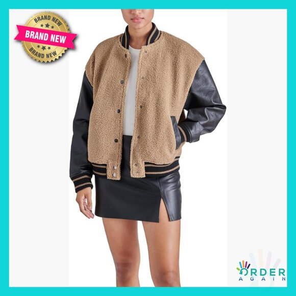 Faux Sherpa Varsity Bomber Jacket Loose Fit Aviator Style Retro Chic